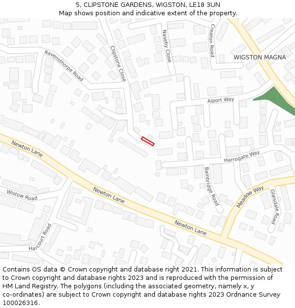 5, CLIPSTONE GARDENS, WIGSTON, LE18 3UN: Location map and indicative extent of plot