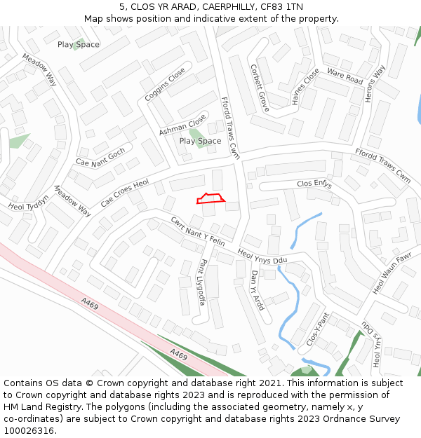 5, CLOS YR ARAD, CAERPHILLY, CF83 1TN: Location map and indicative extent of plot