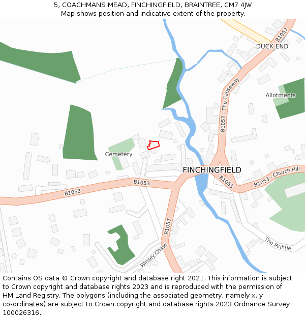 5, COACHMANS MEAD, FINCHINGFIELD, BRAINTREE, CM7 4JW: Location map and indicative extent of plot