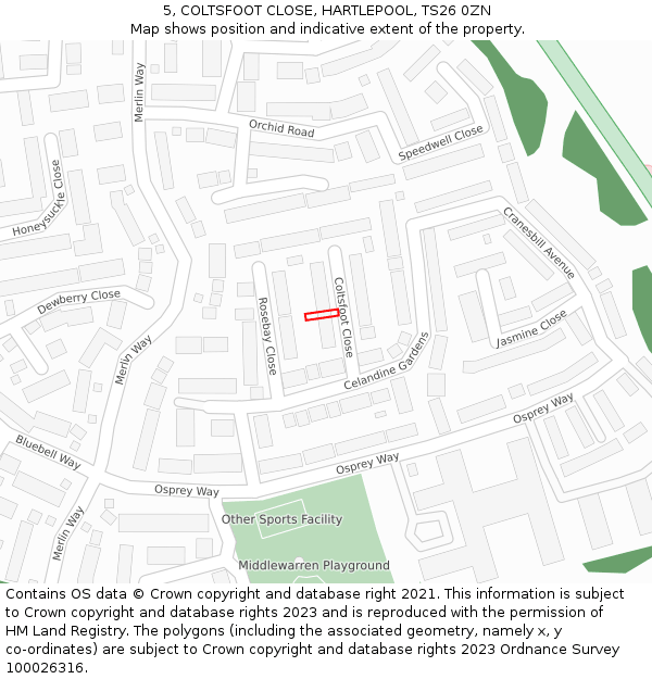 5, COLTSFOOT CLOSE, HARTLEPOOL, TS26 0ZN: Location map and indicative extent of plot