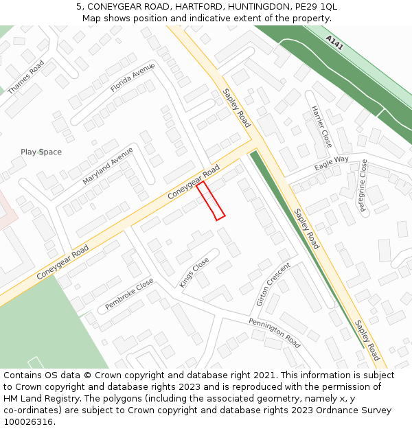 5, CONEYGEAR ROAD, HARTFORD, HUNTINGDON, PE29 1QL: Location map and indicative extent of plot