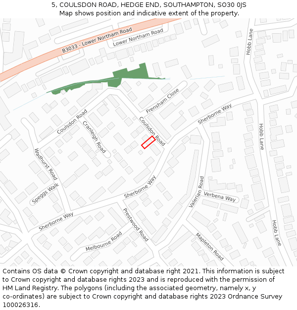 5, COULSDON ROAD, HEDGE END, SOUTHAMPTON, SO30 0JS: Location map and indicative extent of plot