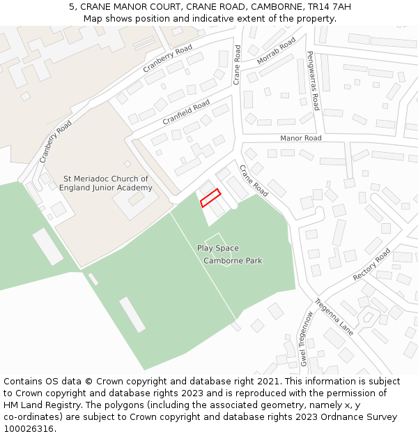 5, CRANE MANOR COURT, CRANE ROAD, CAMBORNE, TR14 7AH: Location map and indicative extent of plot