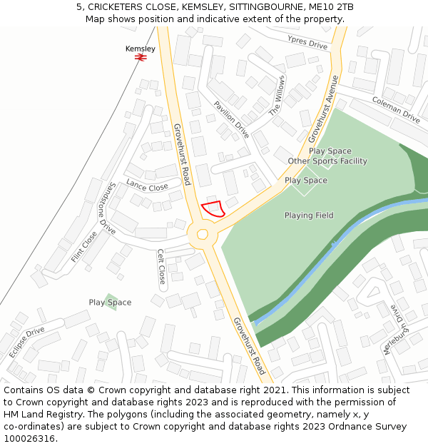5, CRICKETERS CLOSE, KEMSLEY, SITTINGBOURNE, ME10 2TB: Location map and indicative extent of plot