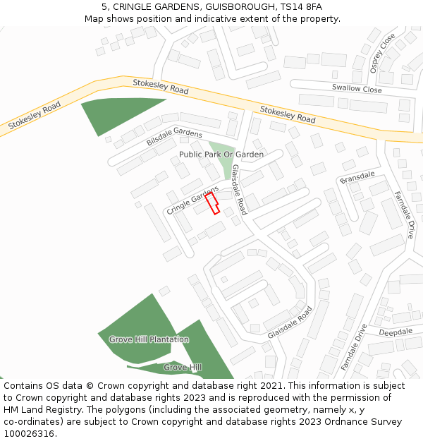5, CRINGLE GARDENS, GUISBOROUGH, TS14 8FA: Location map and indicative extent of plot