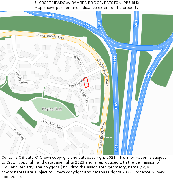5, CROFT MEADOW, BAMBER BRIDGE, PRESTON, PR5 8HX: Location map and indicative extent of plot