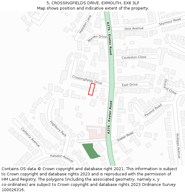 5, CROSSINGFIELDS DRIVE, EXMOUTH, EX8 3LP: Location map and indicative extent of plot