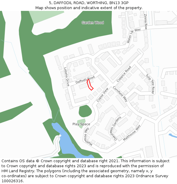 5, DAFFODIL ROAD, WORTHING, BN13 3GP: Location map and indicative extent of plot