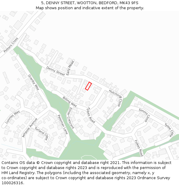 5, DENNY STREET, WOOTTON, BEDFORD, MK43 9FS: Location map and indicative extent of plot