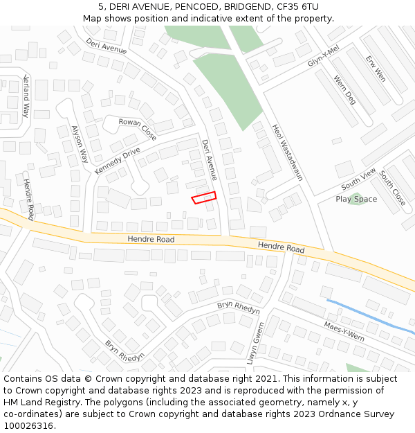 5, DERI AVENUE, PENCOED, BRIDGEND, CF35 6TU: Location map and indicative extent of plot