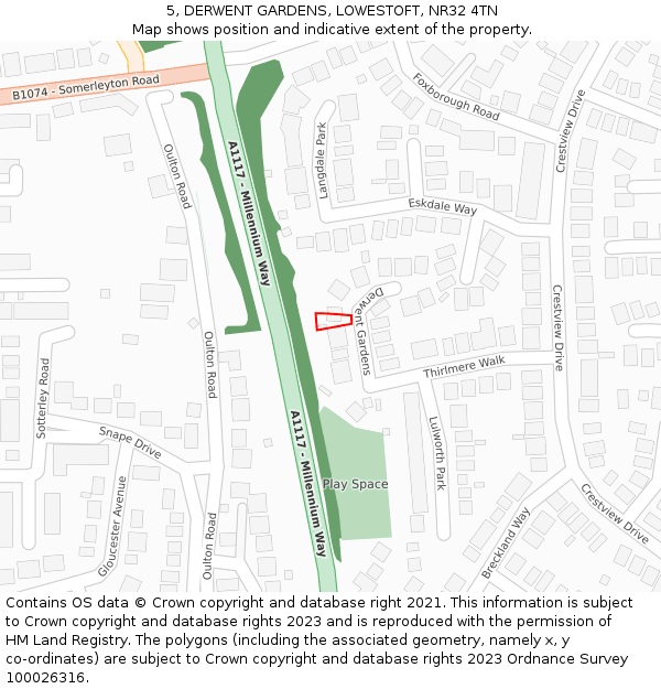 5, DERWENT GARDENS, LOWESTOFT, NR32 4TN: Location map and indicative extent of plot