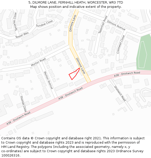 5, DILMORE LANE, FERNHILL HEATH, WORCESTER, WR3 7TD: Location map and indicative extent of plot