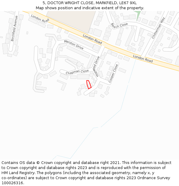 5, DOCTOR WRIGHT CLOSE, MARKFIELD, LE67 9XL: Location map and indicative extent of plot