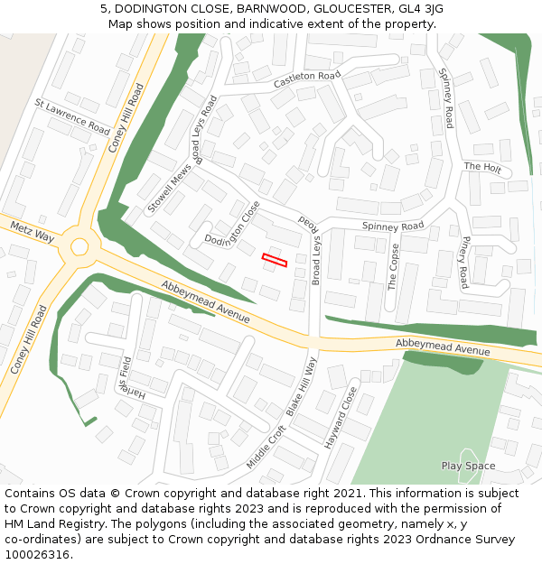 5, DODINGTON CLOSE, BARNWOOD, GLOUCESTER, GL4 3JG: Location map and indicative extent of plot