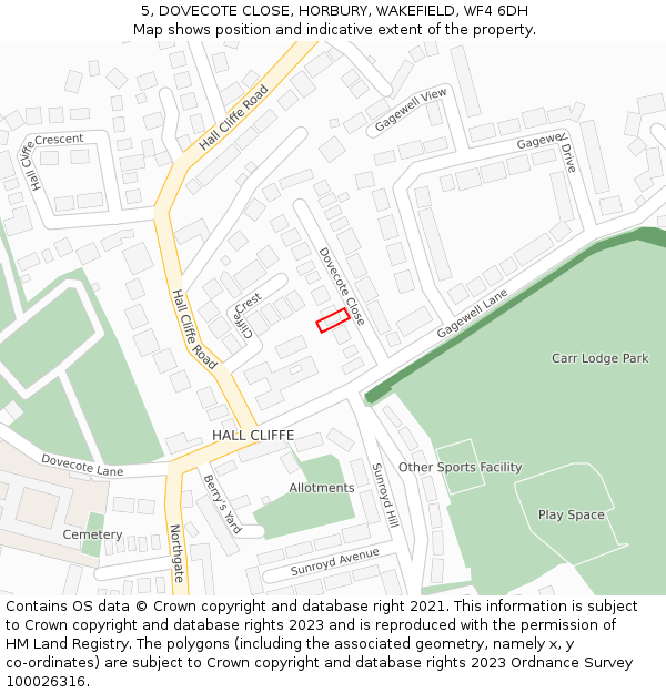 5, DOVECOTE CLOSE, HORBURY, WAKEFIELD, WF4 6DH: Location map and indicative extent of plot