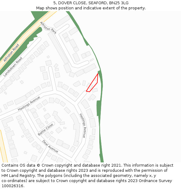 5, DOVER CLOSE, SEAFORD, BN25 3LG: Location map and indicative extent of plot