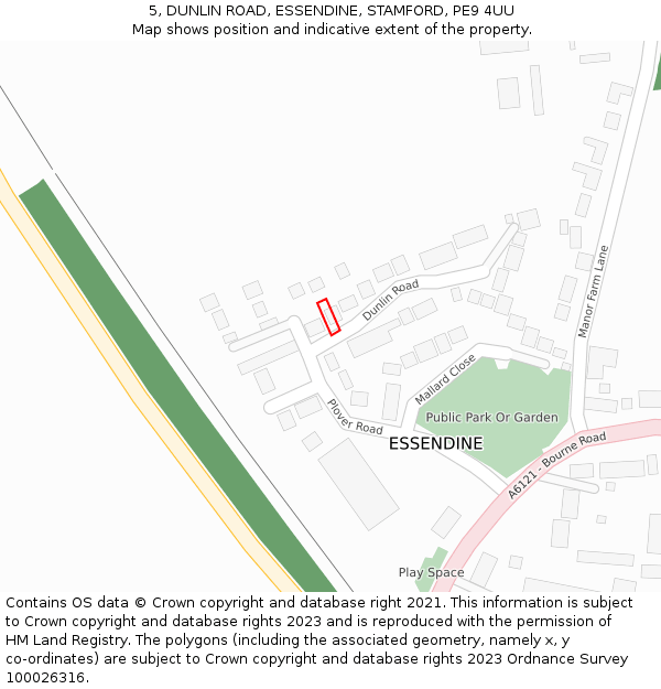5, DUNLIN ROAD, ESSENDINE, STAMFORD, PE9 4UU: Location map and indicative extent of plot