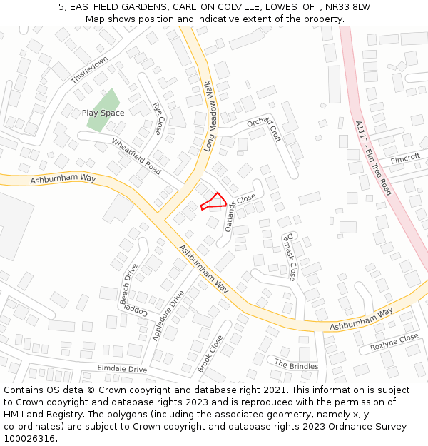 5, EASTFIELD GARDENS, CARLTON COLVILLE, LOWESTOFT, NR33 8LW: Location map and indicative extent of plot
