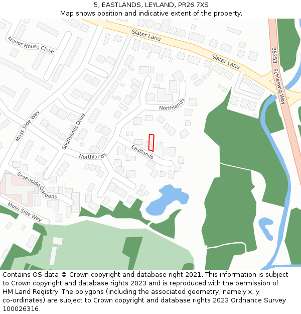 5, EASTLANDS, LEYLAND, PR26 7XS: Location map and indicative extent of plot