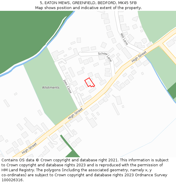 5, EATON MEWS, GREENFIELD, BEDFORD, MK45 5FB: Location map and indicative extent of plot