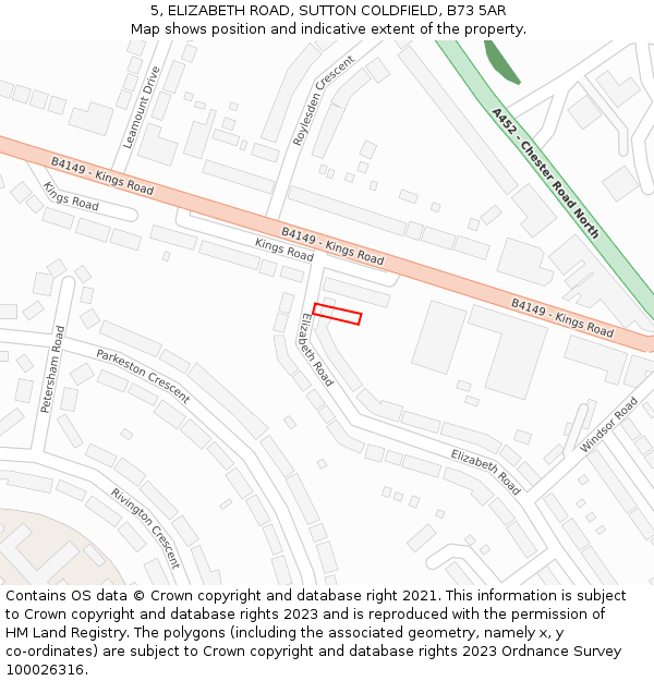 5, ELIZABETH ROAD, SUTTON COLDFIELD, B73 5AR: Location map and indicative extent of plot
