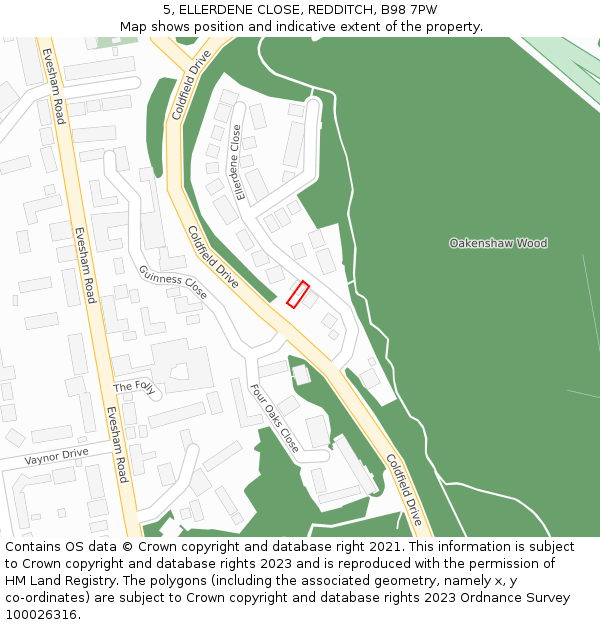 5, ELLERDENE CLOSE, REDDITCH, B98 7PW: Location map and indicative extent of plot