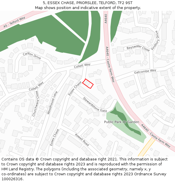 5, ESSEX CHASE, PRIORSLEE, TELFORD, TF2 9ST: Location map and indicative extent of plot