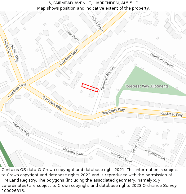 5, FAIRMEAD AVENUE, HARPENDEN, AL5 5UD: Location map and indicative extent of plot