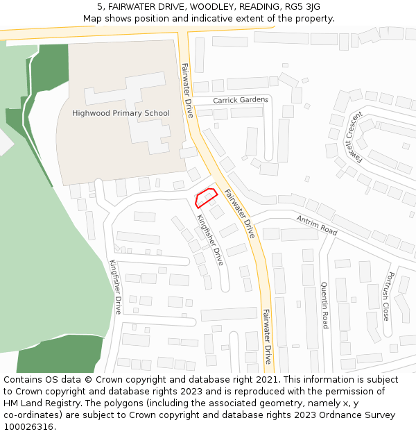 5, FAIRWATER DRIVE, WOODLEY, READING, RG5 3JG: Location map and indicative extent of plot