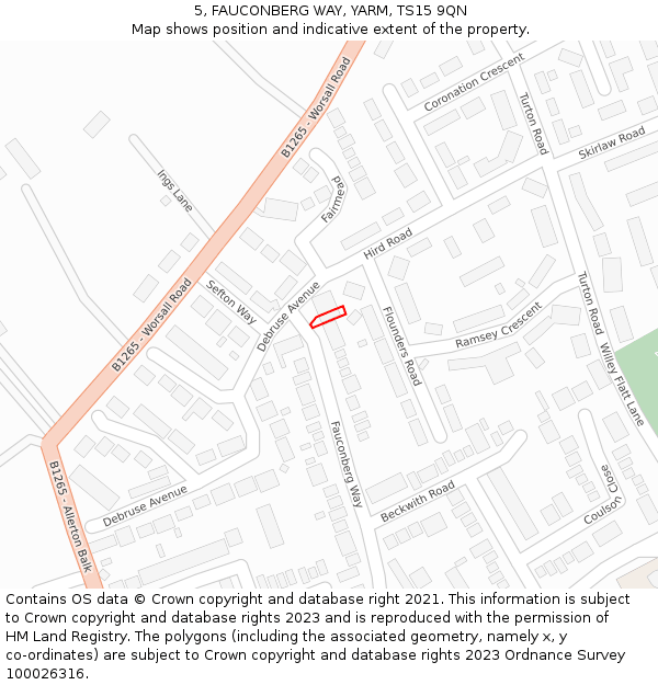 5, FAUCONBERG WAY, YARM, TS15 9QN: Location map and indicative extent of plot