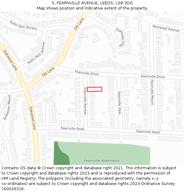5, FEARNVILLE AVENUE, LEEDS, LS8 3DG: Location map and indicative extent of plot