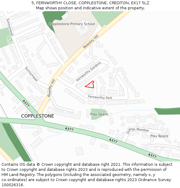 5, FERNWORTHY CLOSE, COPPLESTONE, CREDITON, EX17 5LZ: Location map and indicative extent of plot