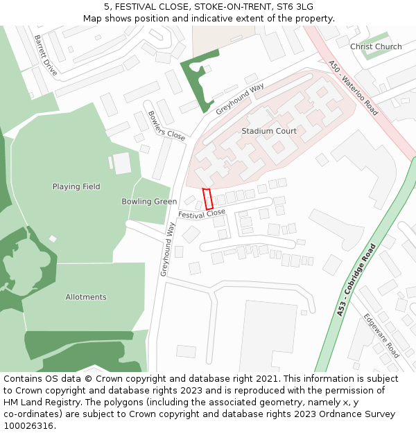 5, FESTIVAL CLOSE, STOKE-ON-TRENT, ST6 3LG: Location map and indicative extent of plot