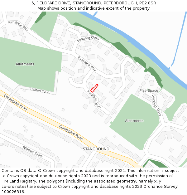 5, FIELDFARE DRIVE, STANGROUND, PETERBOROUGH, PE2 8SR: Location map and indicative extent of plot