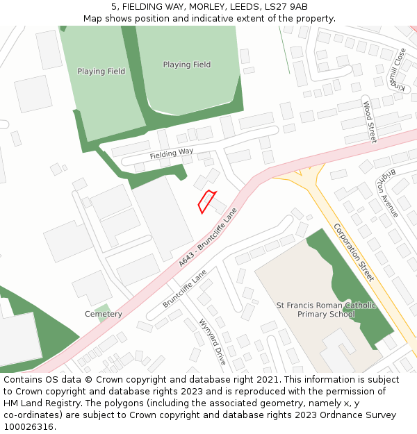 5, FIELDING WAY, MORLEY, LEEDS, LS27 9AB: Location map and indicative extent of plot