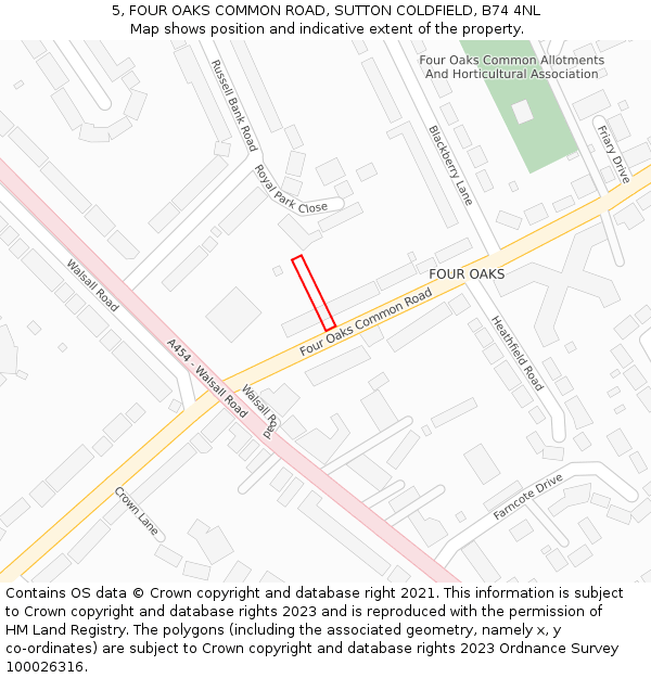 5, FOUR OAKS COMMON ROAD, SUTTON COLDFIELD, B74 4NL: Location map and indicative extent of plot