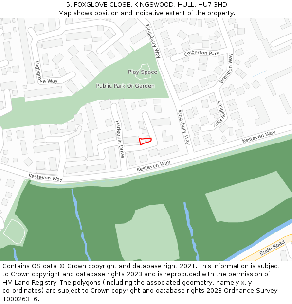 5, FOXGLOVE CLOSE, KINGSWOOD, HULL, HU7 3HD: Location map and indicative extent of plot