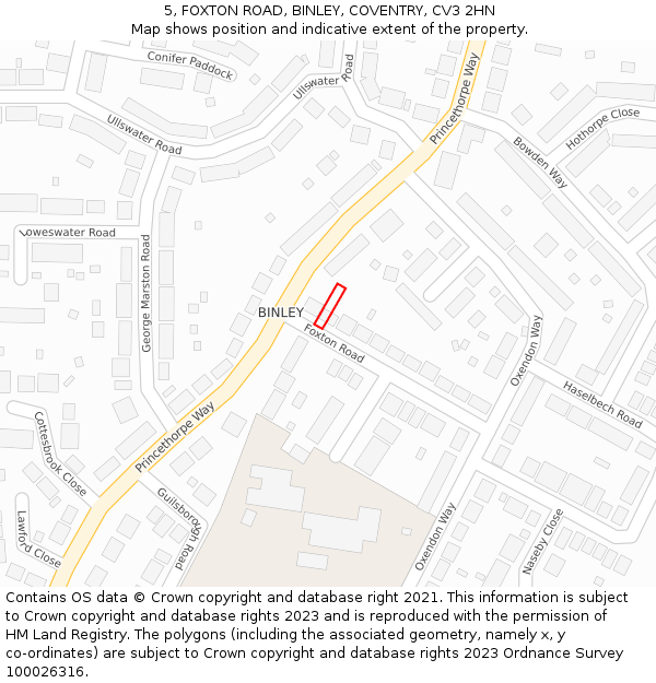 5, FOXTON ROAD, BINLEY, COVENTRY, CV3 2HN: Location map and indicative extent of plot