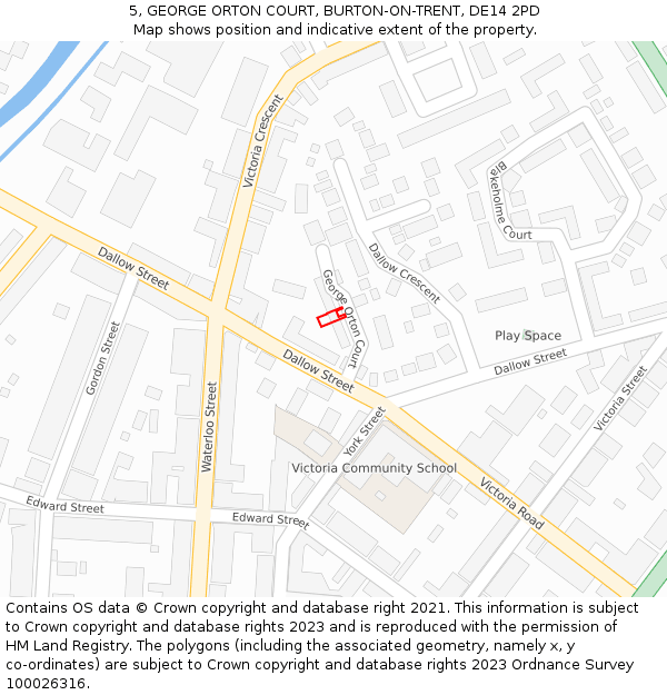 5, GEORGE ORTON COURT, BURTON-ON-TRENT, DE14 2PD: Location map and indicative extent of plot