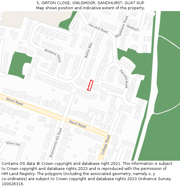 5, GIRTON CLOSE, OWLSMOOR, SANDHURST, GU47 0UP: Location map and indicative extent of plot