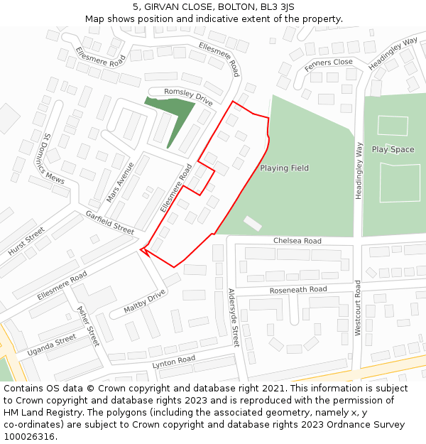 5, GIRVAN CLOSE, BOLTON, BL3 3JS: Location map and indicative extent of plot