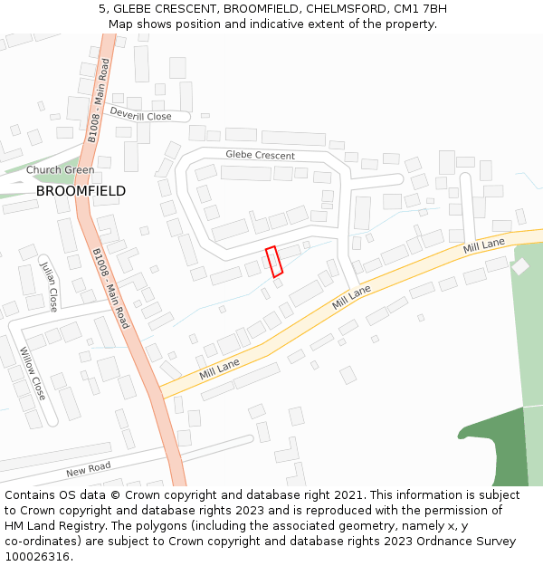 5, GLEBE CRESCENT, BROOMFIELD, CHELMSFORD, CM1 7BH: Location map and indicative extent of plot
