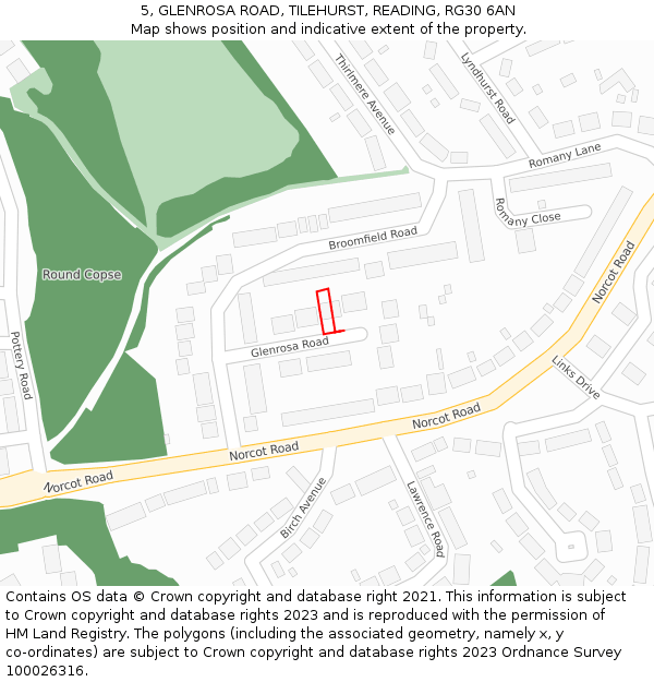5, GLENROSA ROAD, TILEHURST, READING, RG30 6AN: Location map and indicative extent of plot