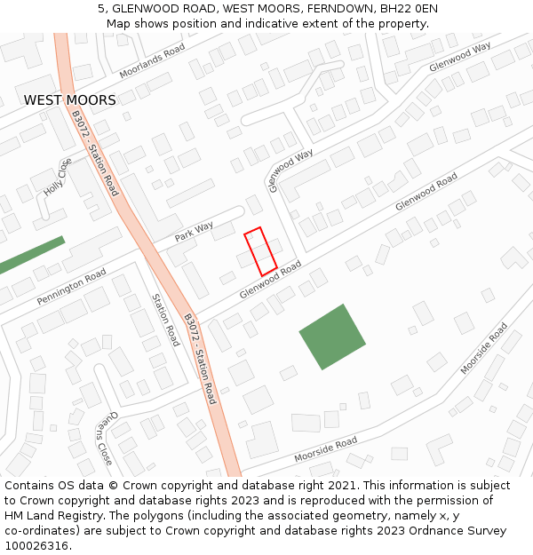 5, GLENWOOD ROAD, WEST MOORS, FERNDOWN, BH22 0EN: Location map and indicative extent of plot