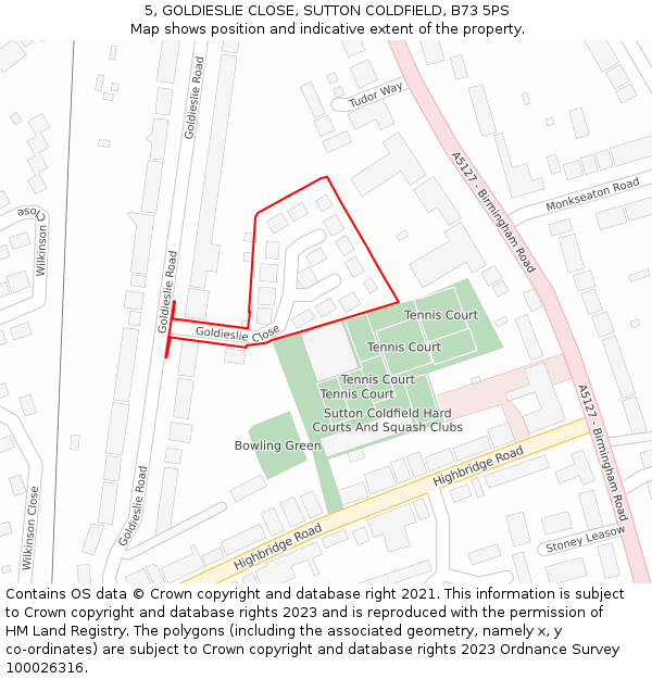 5, GOLDIESLIE CLOSE, SUTTON COLDFIELD, B73 5PS: Location map and indicative extent of plot
