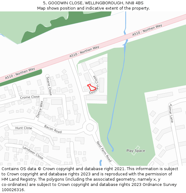 5, GOODWIN CLOSE, WELLINGBOROUGH, NN8 4BS: Location map and indicative extent of plot