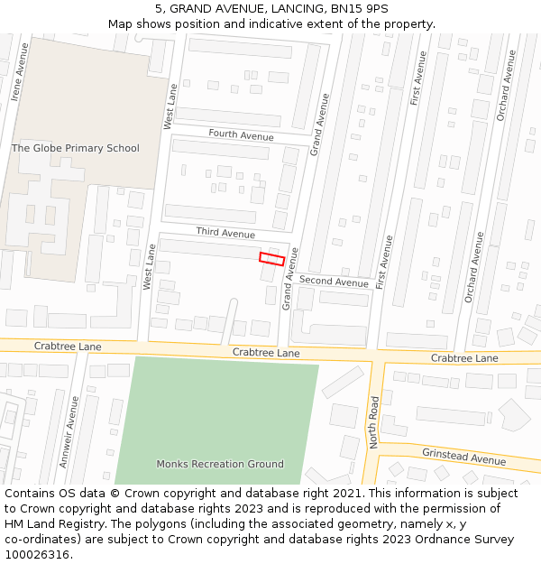 5, GRAND AVENUE, LANCING, BN15 9PS: Location map and indicative extent of plot