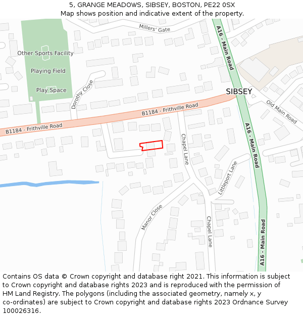5, GRANGE MEADOWS, SIBSEY, BOSTON, PE22 0SX: Location map and indicative extent of plot