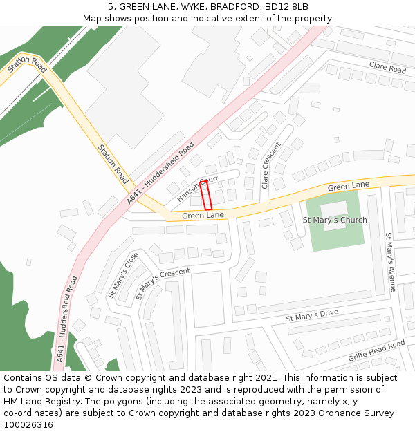 5, GREEN LANE, WYKE, BRADFORD, BD12 8LB: Location map and indicative extent of plot