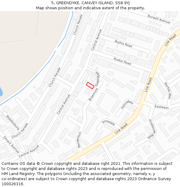 5, GREENDYKE, CANVEY ISLAND, SS8 9YJ: Location map and indicative extent of plot